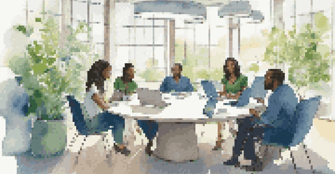 A diverse group of professionals in a mentoring session around a circular table, with laptops and notebooks, in a bright room filled with natural light.