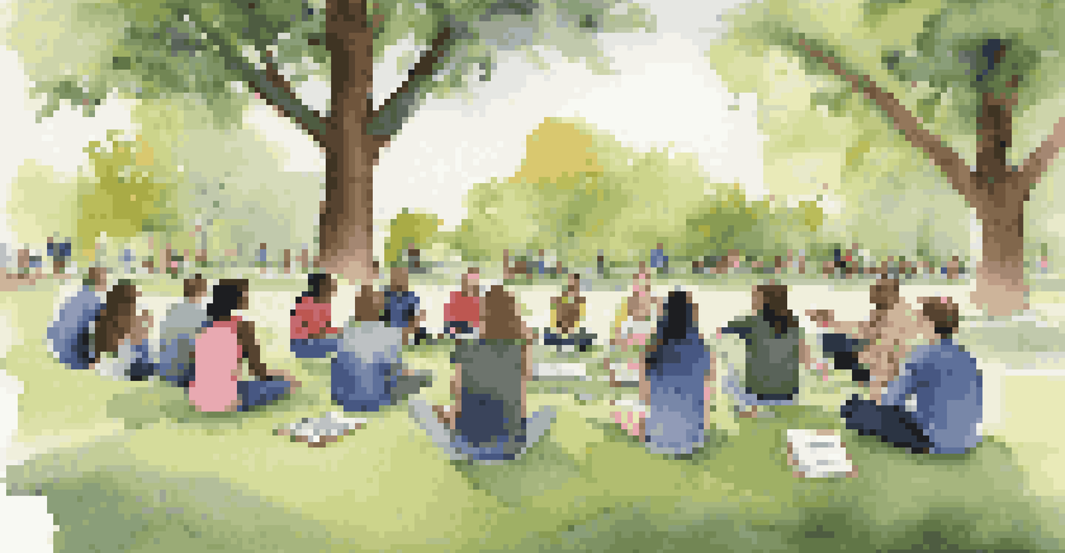 A community meeting with parents, teachers, and students discussing sustainable assessment strategies in a park.