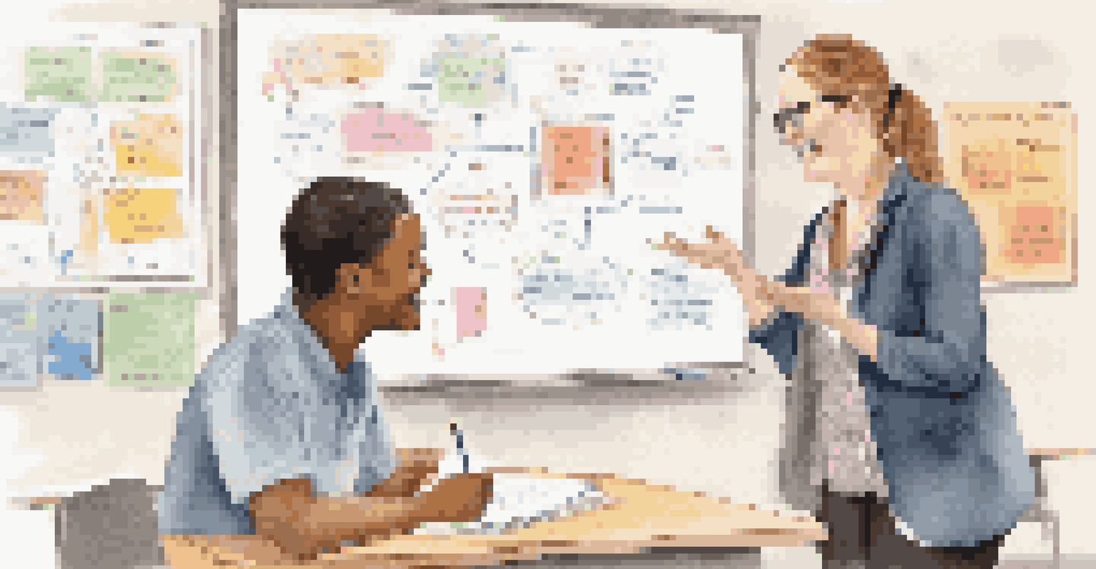 A teacher and a student having a one-on-one conversation in front of a colorful whiteboard filled with diagrams and notes, with a warm and inviting atmosphere.