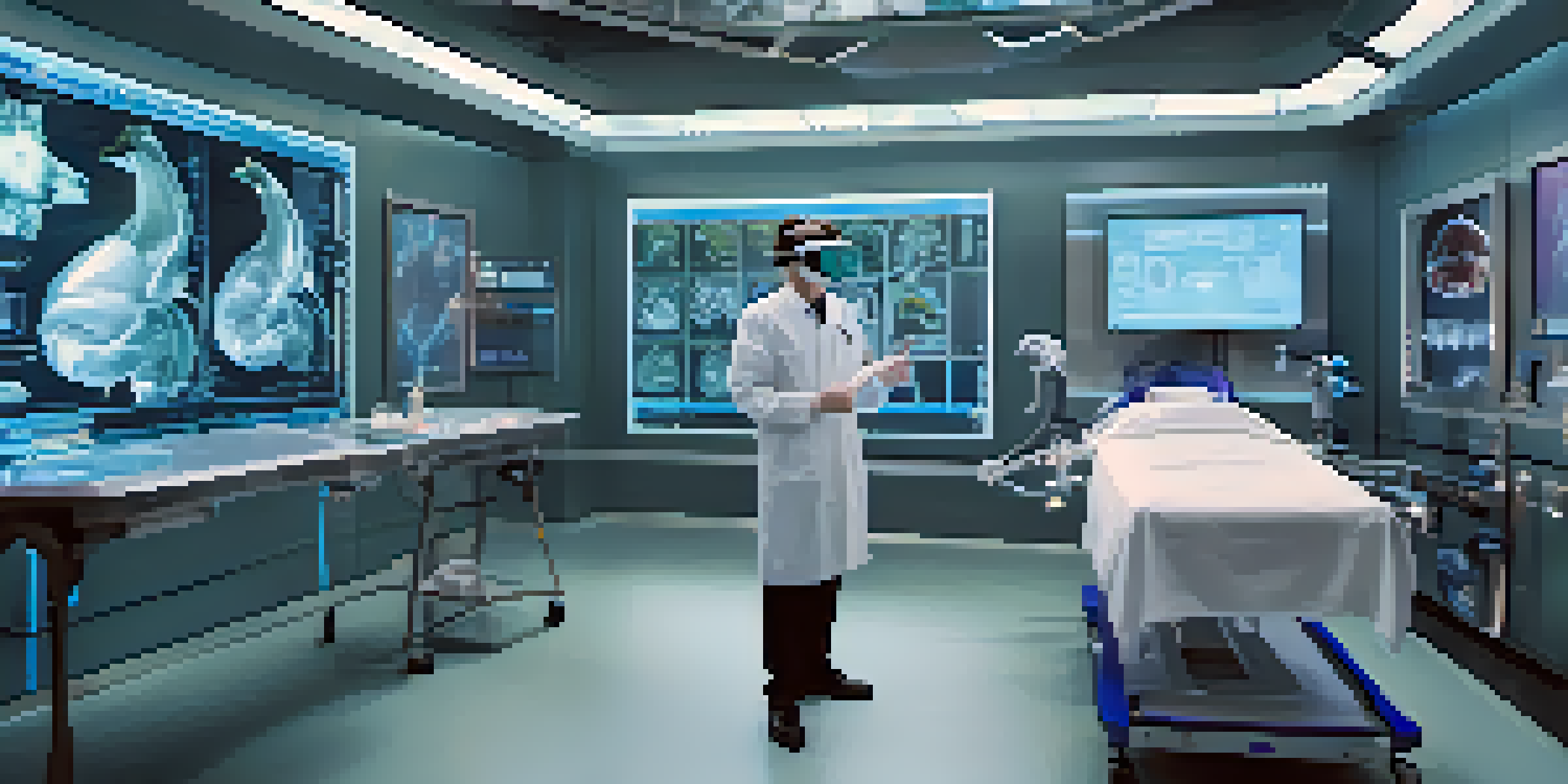 A medical professional using virtual reality in a simulated operating room, surrounded by holograms and surgical tools.