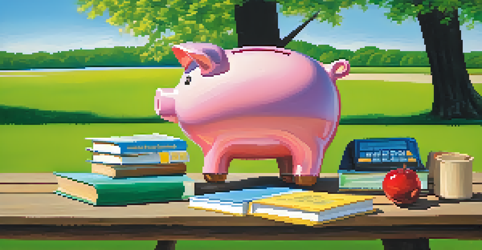 A picnic table in a park with savings books, calculator, and piggy bank, surrounded by greenery and a blue sky.
