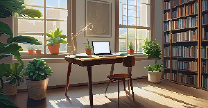 A study desk with a laptop and books, illuminated by sunlight streaming through a window.