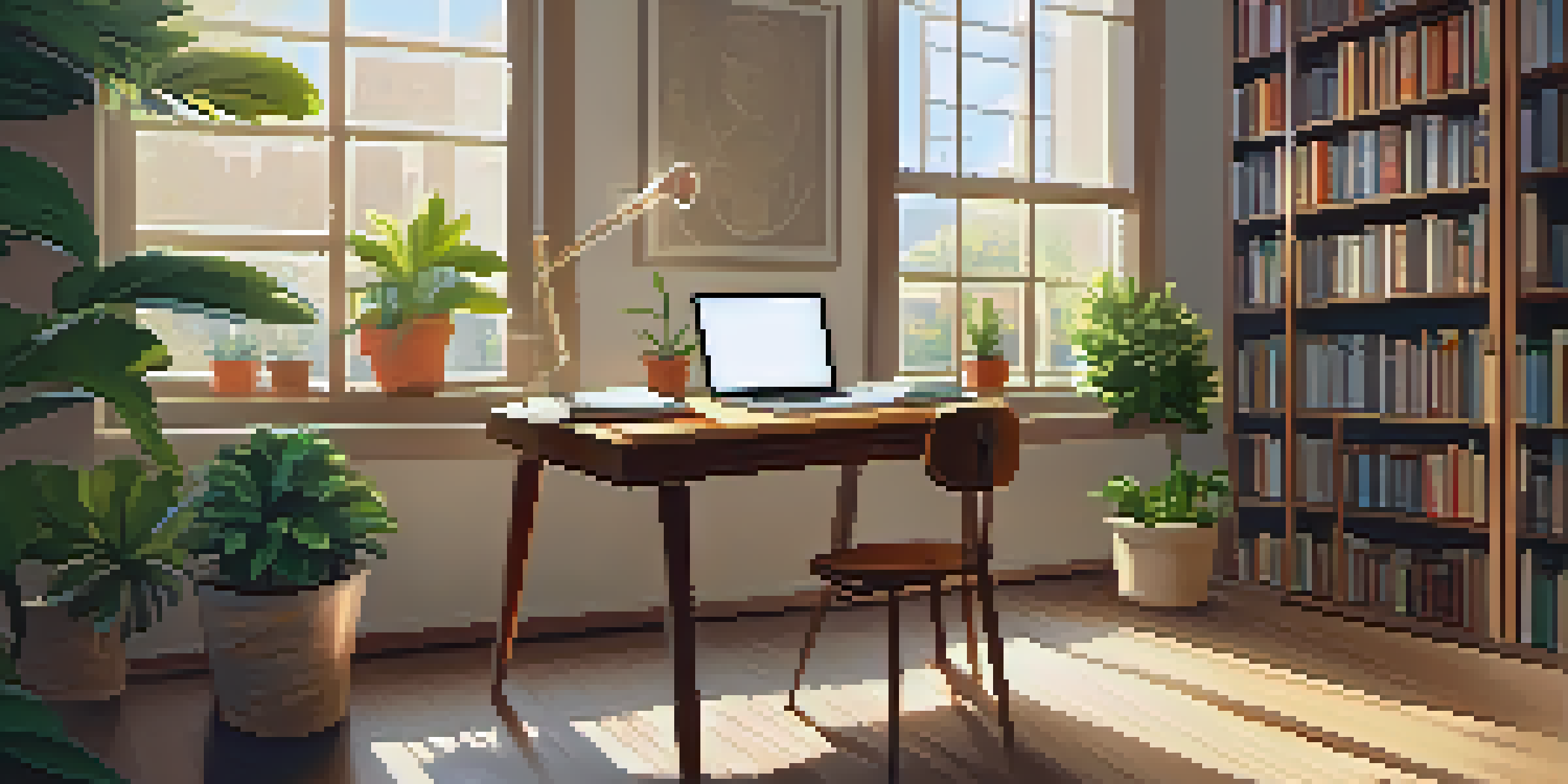 A study desk with a laptop and books, illuminated by sunlight streaming through a window.