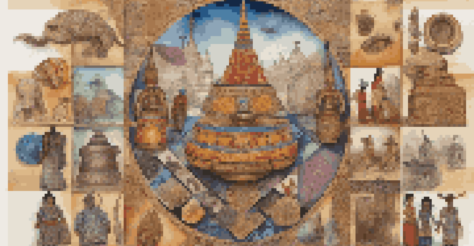 A vibrant collage of cultural symbols, artifacts, and traditional attire representing different cultures from around the world.