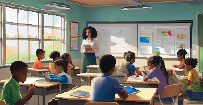 A diverse group of students in a bright classroom, engaged in digital assessments on tablets, with a teacher observing in the background.