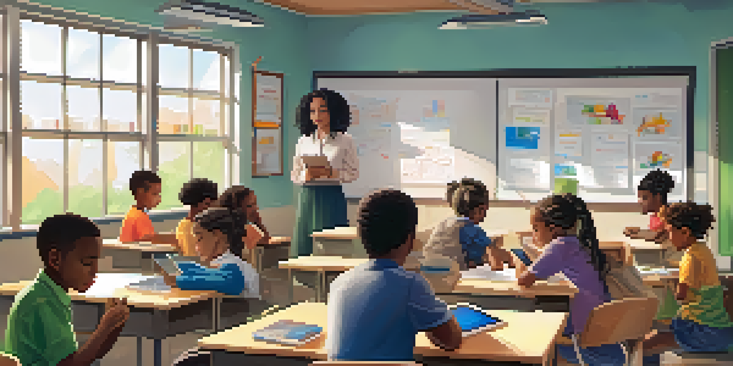 A diverse group of students in a bright classroom, engaged in digital assessments on tablets, with a teacher observing in the background.