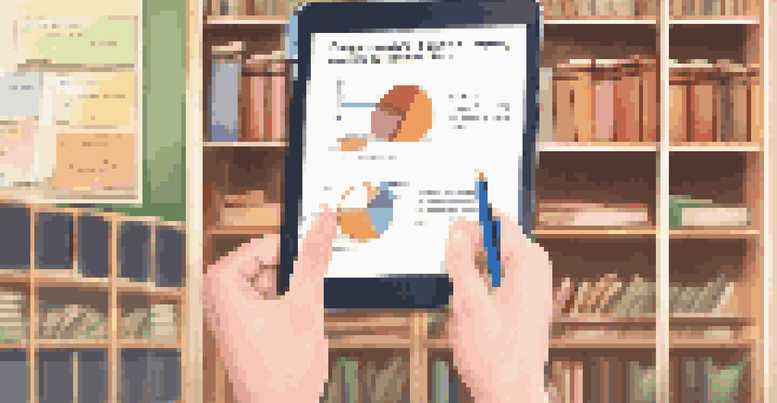 A teacher holding a tablet with a graph showing student progress in digital literacy in a cozy classroom.