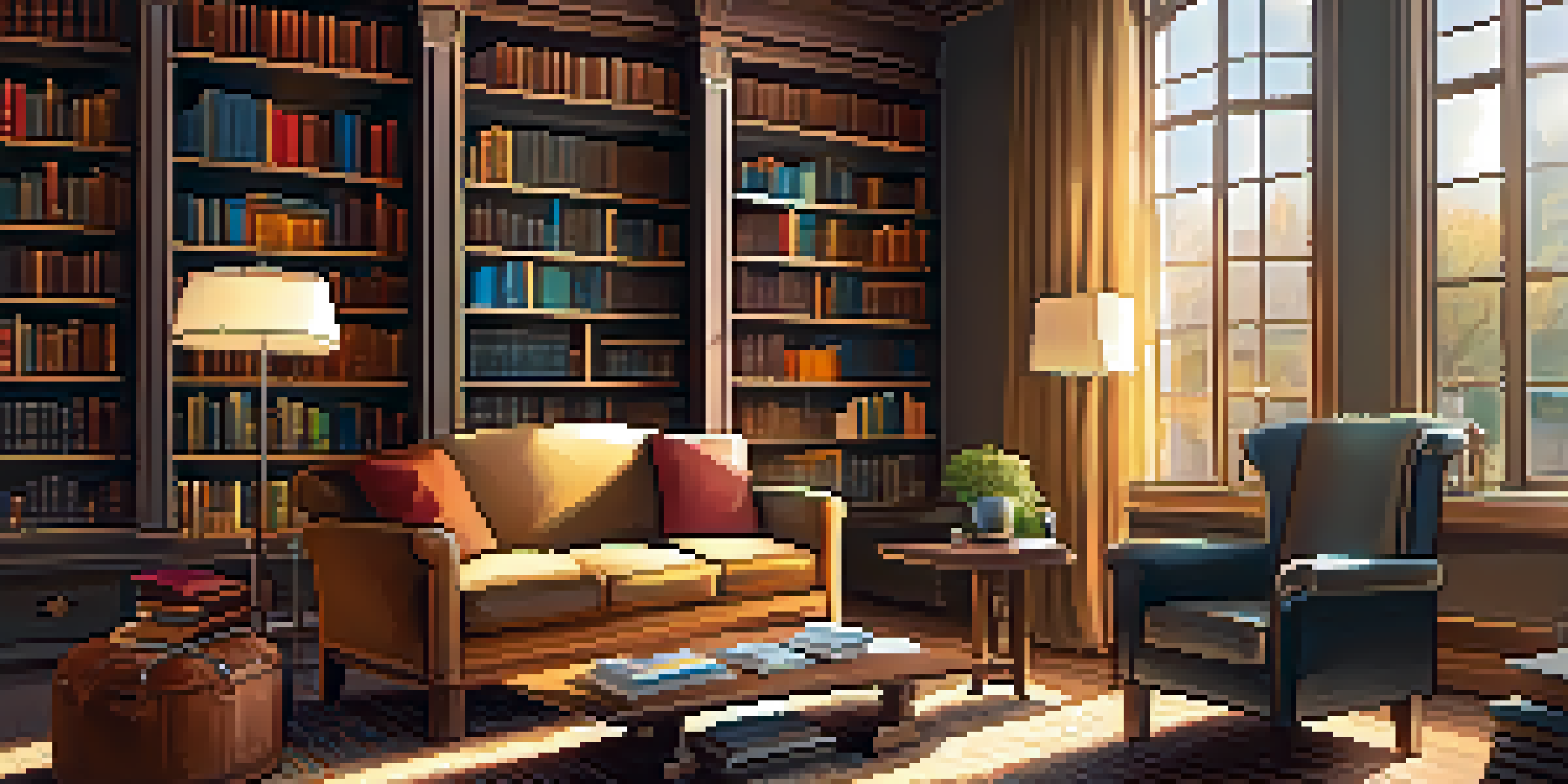 A cozy library with sunlight, bookshelves, an armchair, and a cup of coffee.