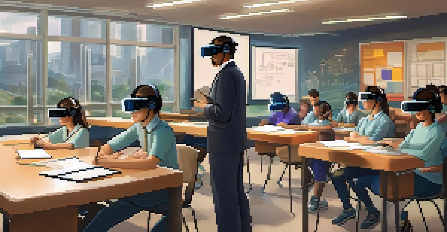 Teachers using virtual reality headsets in a simulated classroom environment to enhance their teaching skills.
