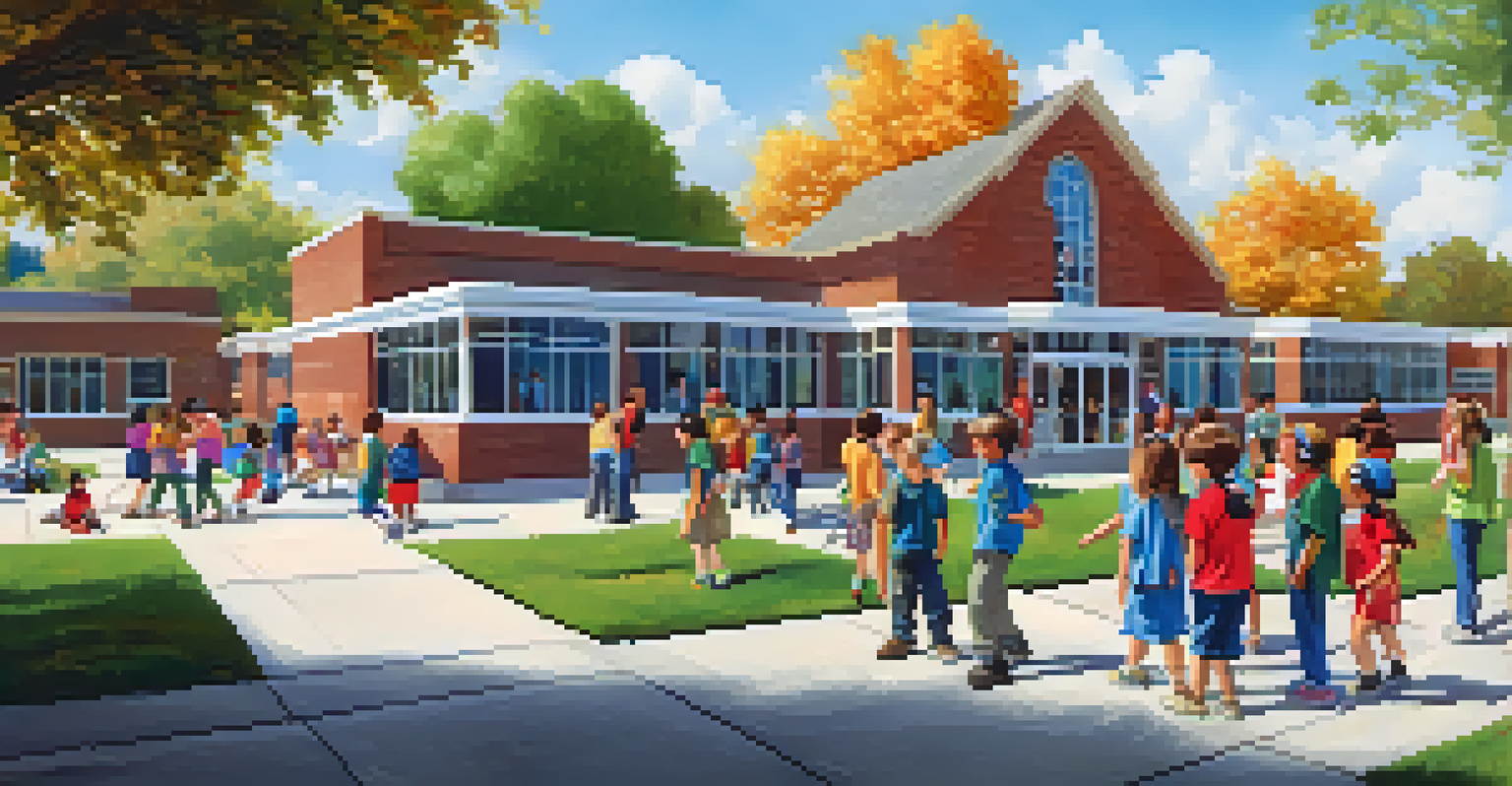 Children participating in a fire drill outside a school building, guided by teachers on a sunny day.