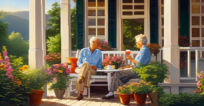 An older couple sitting on a porch with greenery and flowers around them, enjoying tea during sunset.