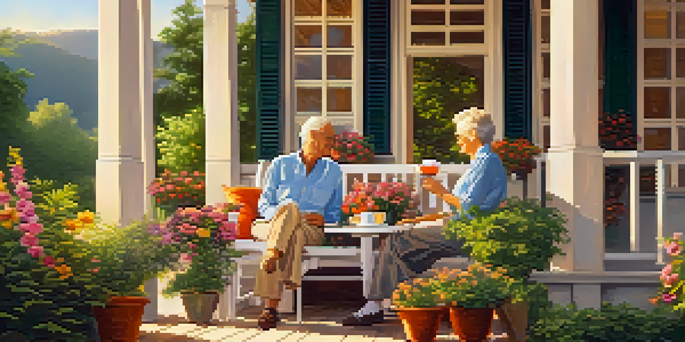 An older couple sitting on a porch with greenery and flowers around them, enjoying tea during sunset.