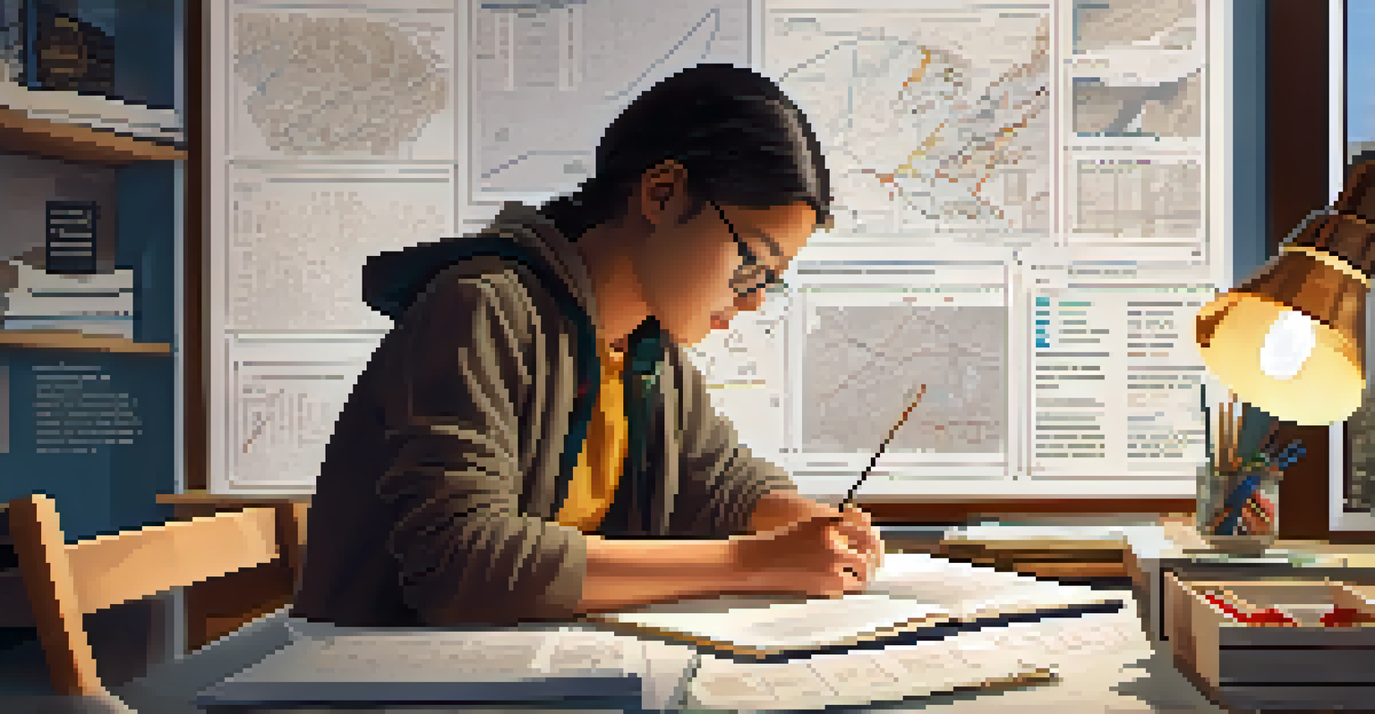 A student focused on analyzing a climate change case study with charts and notes around them in a cozy study area.