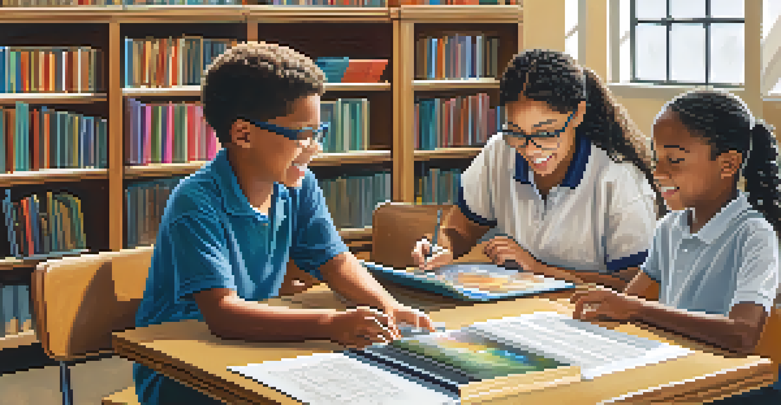 A visually impaired student using a screen reader with a sighted student providing assistance in a well-organized classroom, showcasing a supportive learning environment.