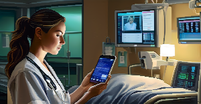 A focused nurse in scrubs using a smartphone in a dimly lit hospital room, looking at medical guidelines.