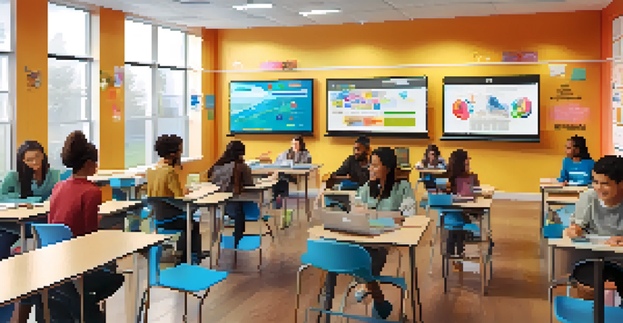 A bright classroom with students using personalized learning devices and interactive screens, while a teacher guides them.