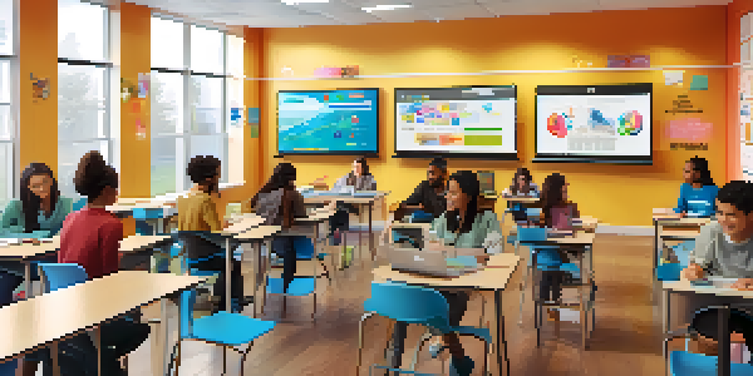 A bright classroom with students using personalized learning devices and interactive screens, while a teacher guides them.