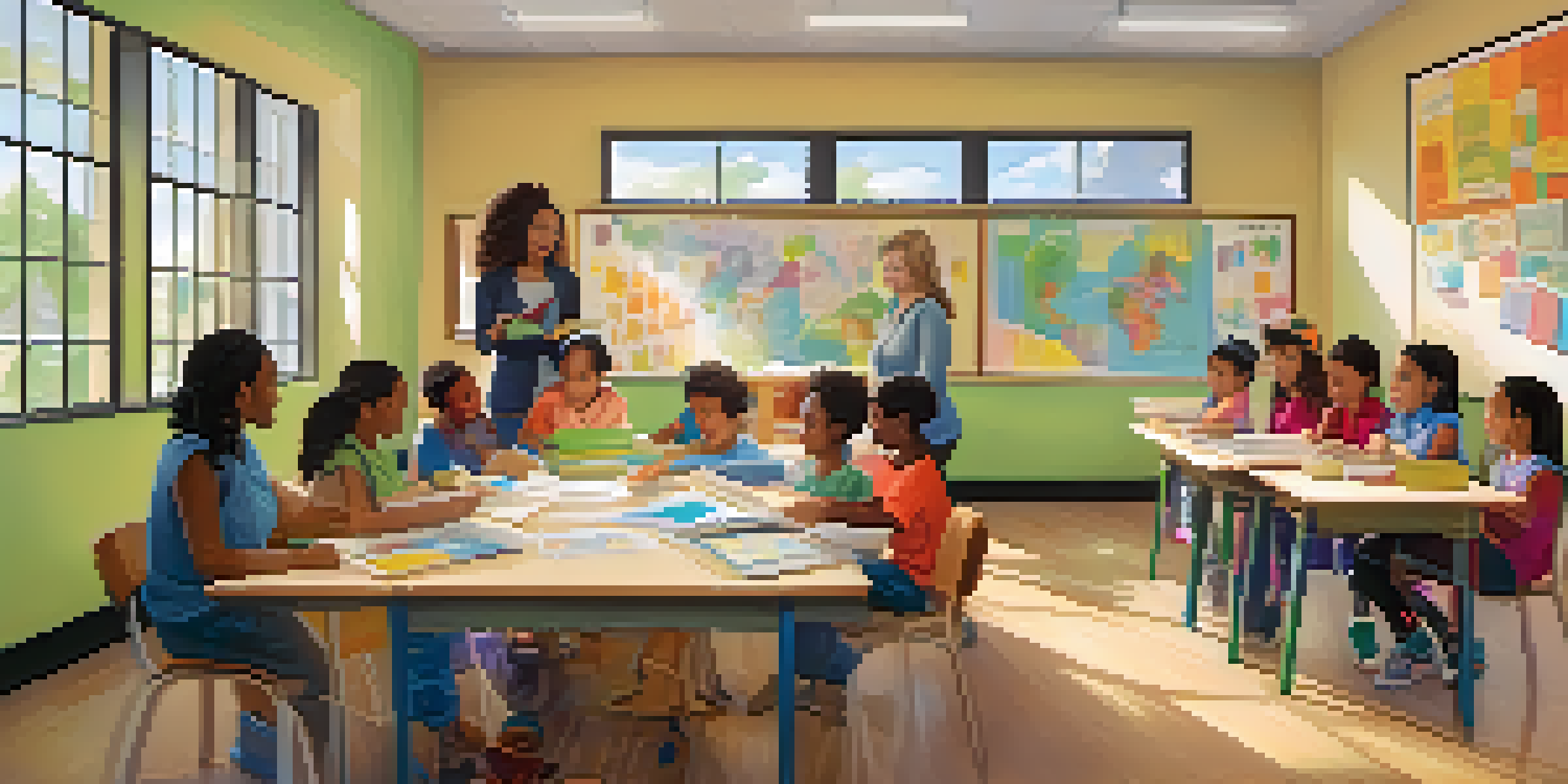 A diverse group of parents and teachers engaged in a collaborative discussion in a bright classroom filled with educational materials.