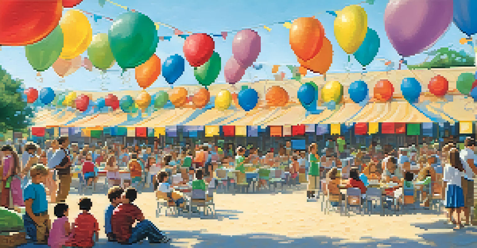 A vibrant outdoor school event with families participating in activities, children playing, and a stage for performances, all under a clear sky.