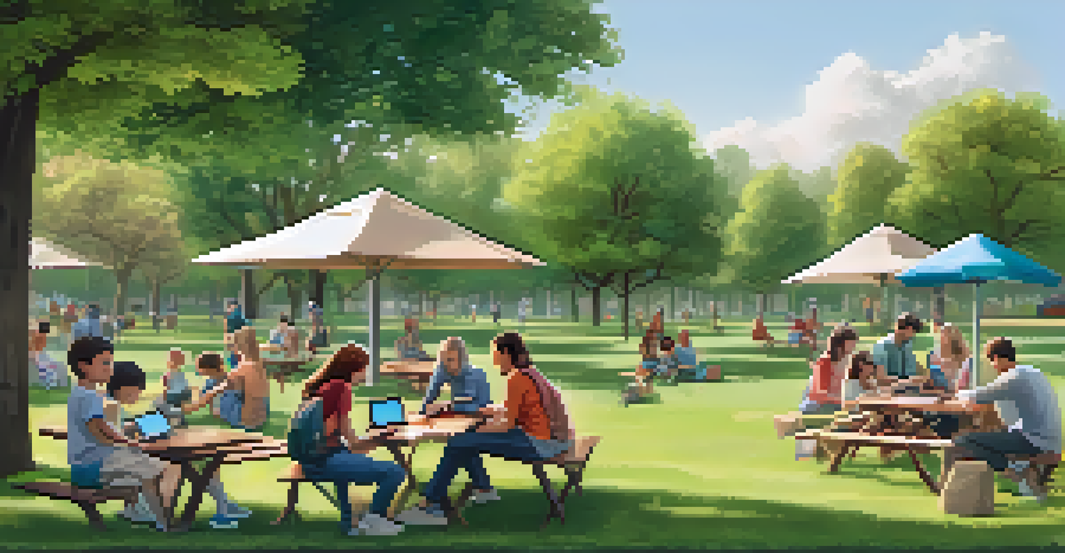 Families using devices in a park, helping children with homework at a community Wi-Fi hotspot, surrounded by greenery and picnic tables.