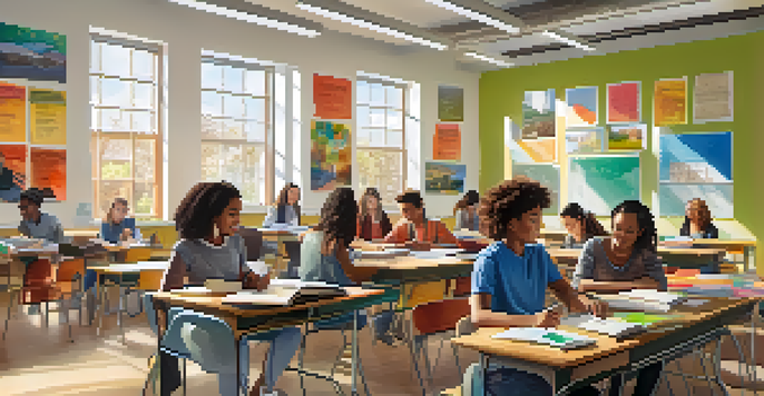 A diverse group of students collaborating in a colorful classroom, engaged in a project with books and laptops.