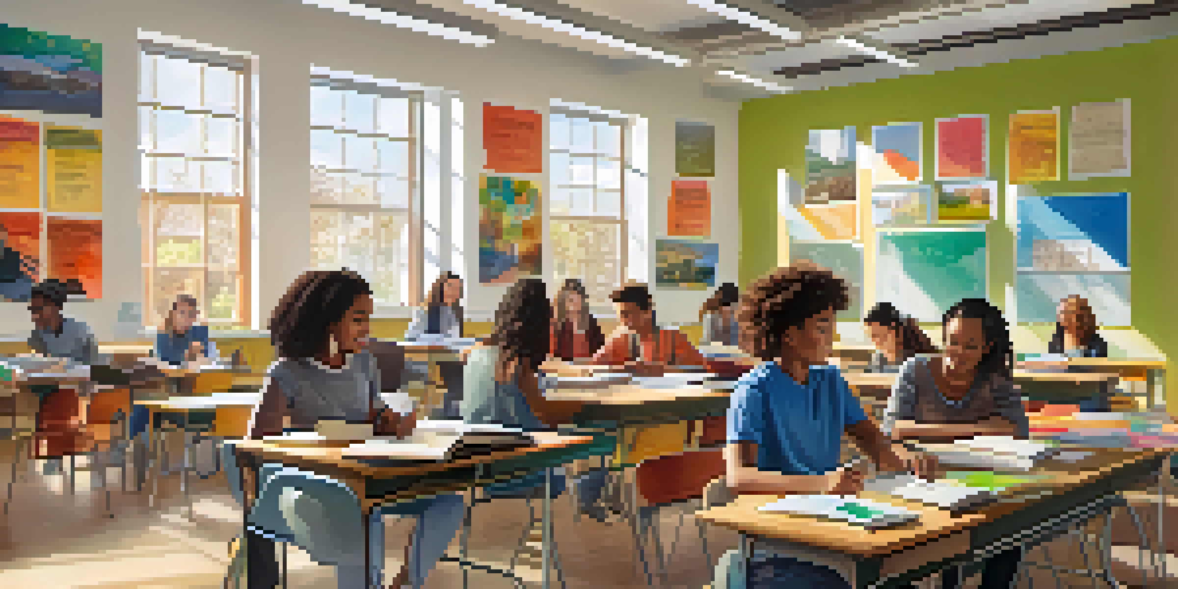 A diverse group of students collaborating in a colorful classroom, engaged in a project with books and laptops.