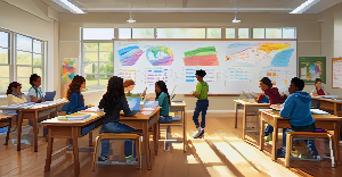 A bright classroom with diverse students collaborating on a project, surrounded by natural light and colorful educational materials.
