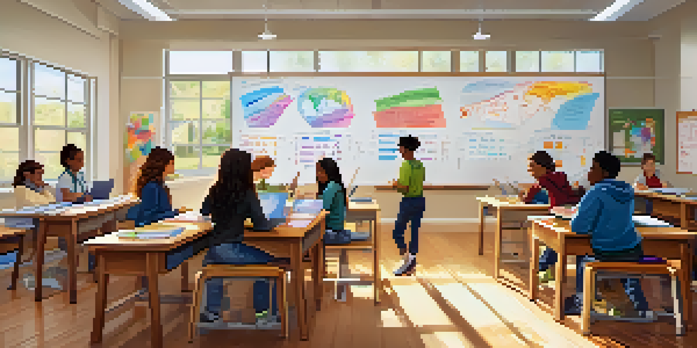 A bright classroom with diverse students collaborating on a project, surrounded by natural light and colorful educational materials.