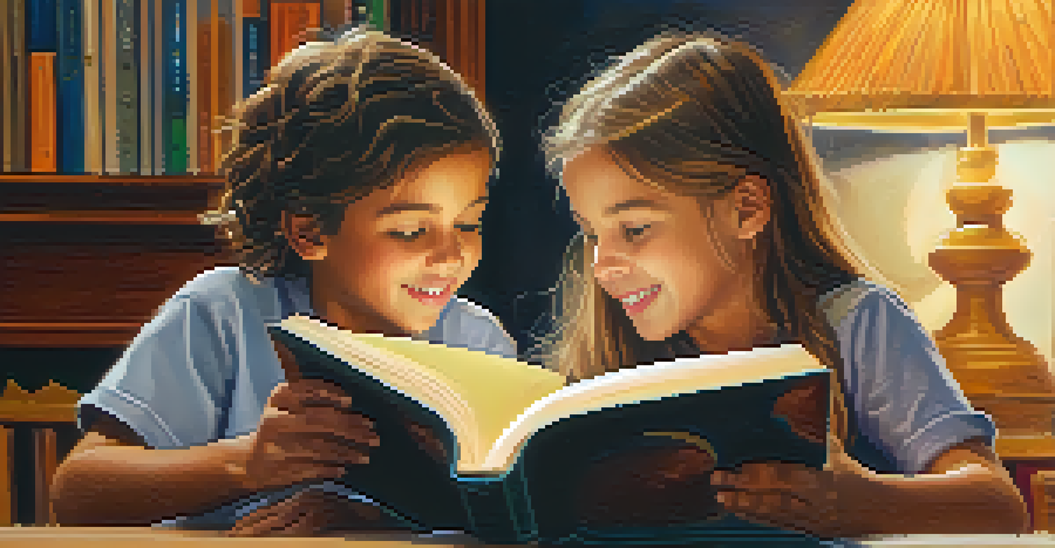 Two children excitedly sharing a book in a cozy reading nook, pointing at the pages and smiling with curiosity.