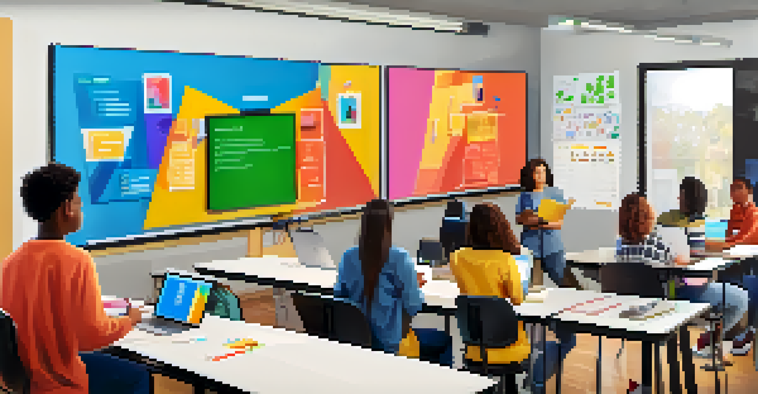 Students collaborating online on a project through a video call, with a digital whiteboard in a vibrant learning environment.