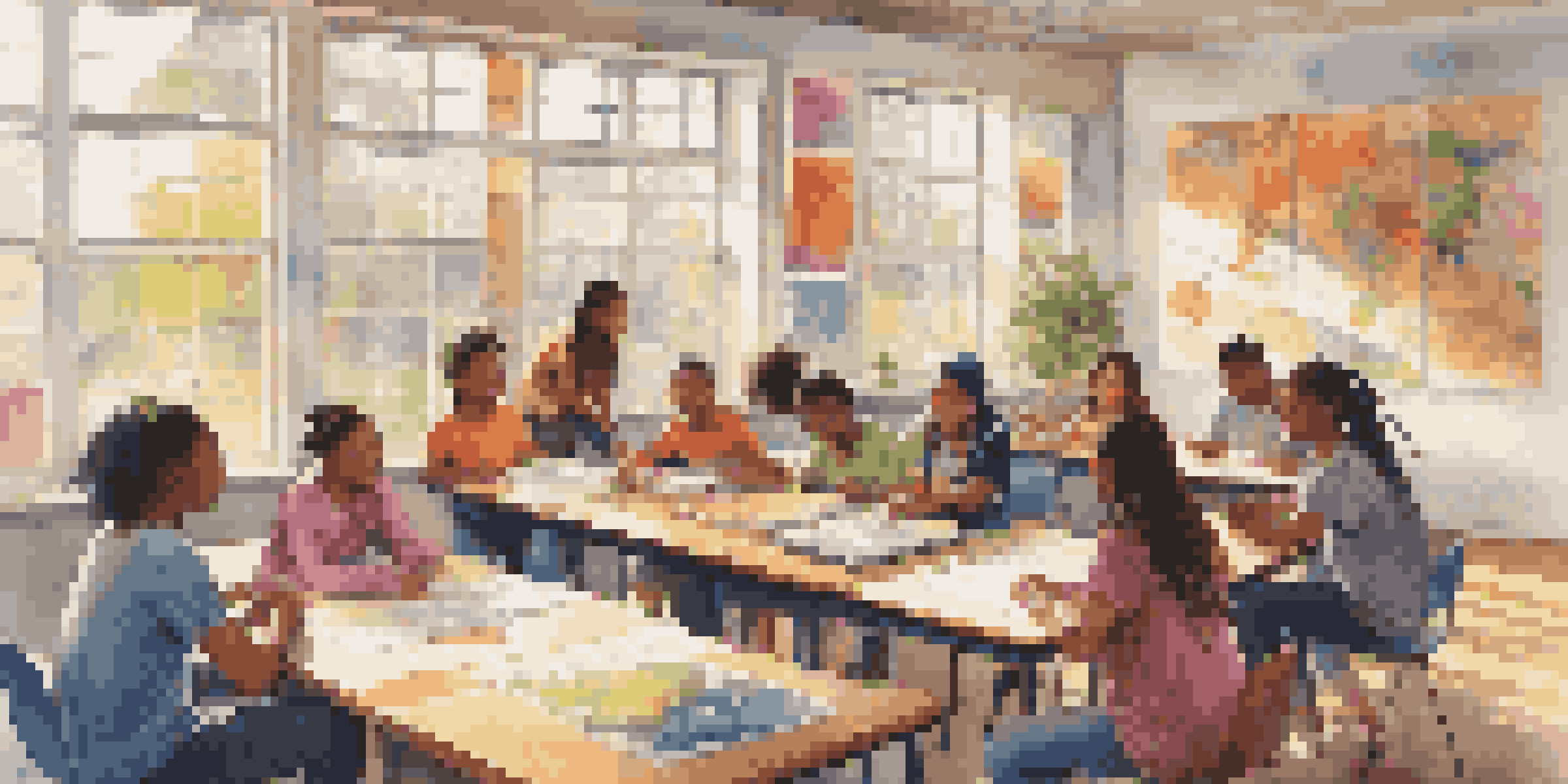 A diverse group of students working together in a brightly lit classroom, surrounded by cultural posters and collaborative materials.