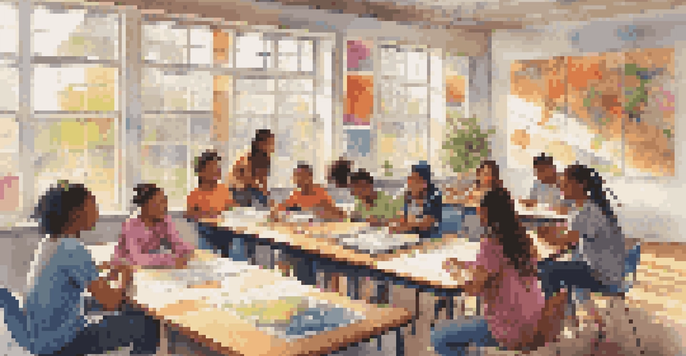 A diverse group of students working together in a brightly lit classroom, surrounded by cultural posters and collaborative materials.