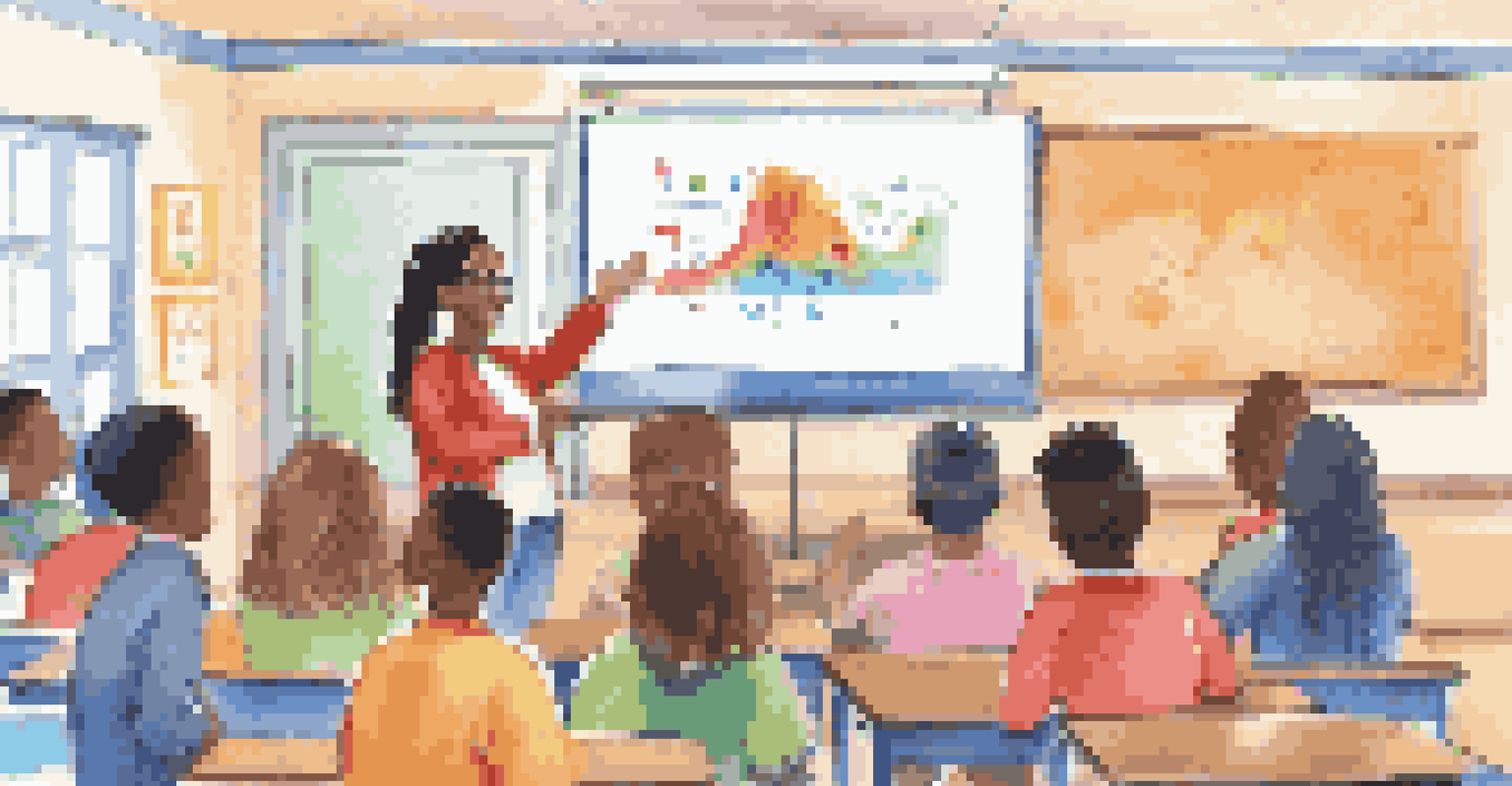 A teacher demonstrating digital skills on a smart board to engaged students in a colorful classroom.