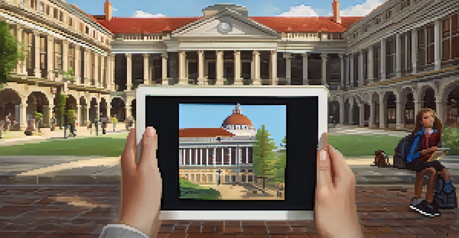 A student using augmented reality on a tablet to explore a historical landmark, with digital overlays enhancing the experience.