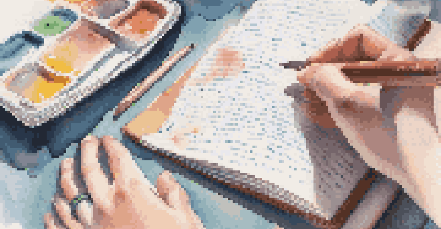 A close-up view of a student's hands resting on a desk next to an open mindfulness journal, with school supplies and soft natural light illuminating the space.