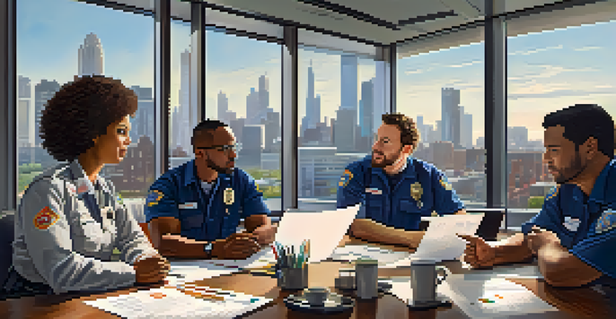 A diverse group of emergency responders engaged in a crisis meeting, sharing ideas and strategies around a table with charts and laptops.