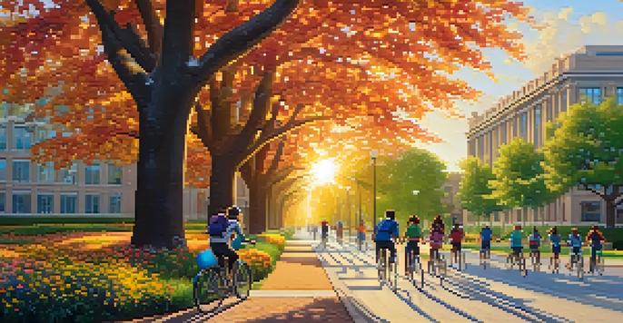 A lively campus with students biking on a sunny day, surrounded by trees and university buildings.