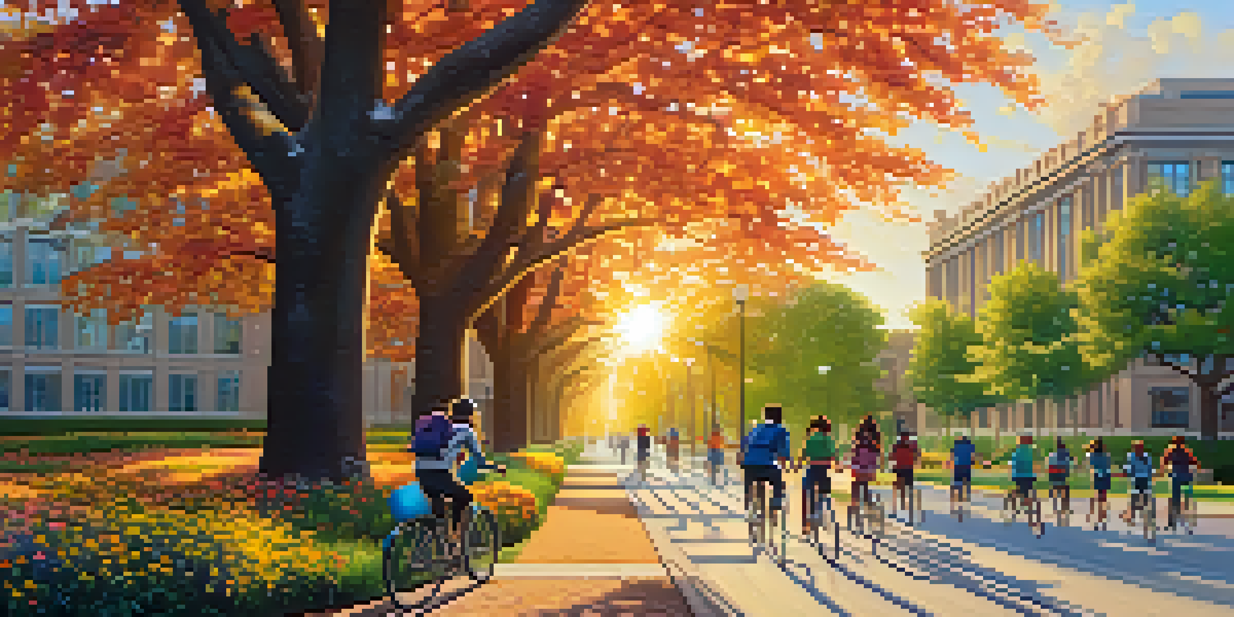 A lively campus with students biking on a sunny day, surrounded by trees and university buildings.
