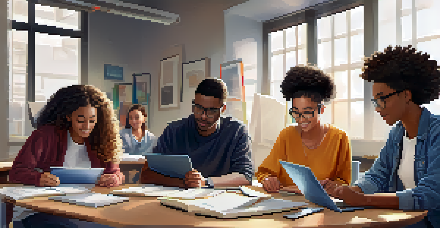 A diverse group of students collaborating on a project with laptops and tablets, in a warm and inviting environment.