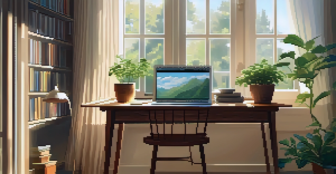 A cozy study space with a wooden desk, laptop, and plants, illuminated by soft sunlight.