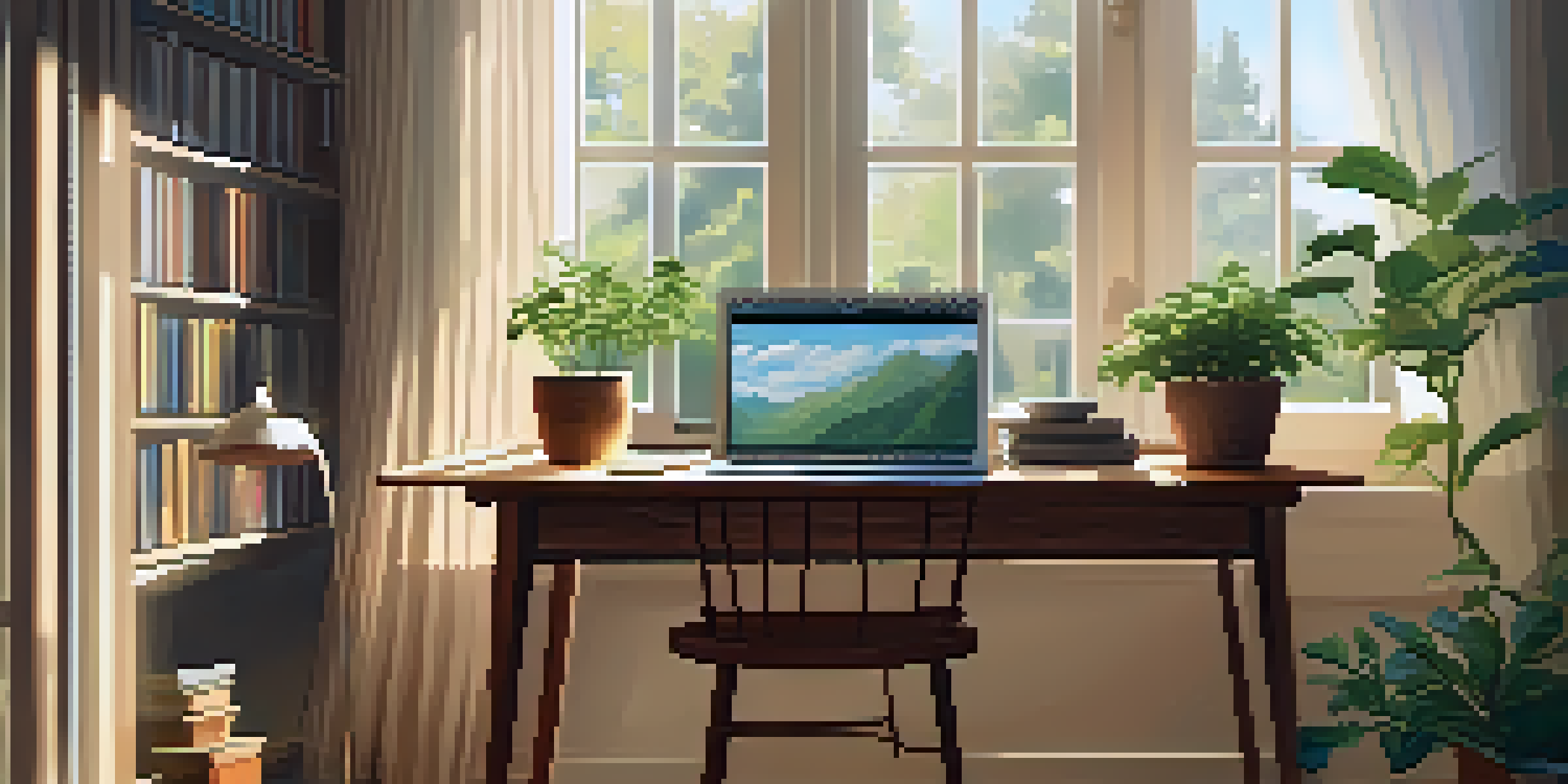 A cozy study space with a wooden desk, laptop, and plants, illuminated by soft sunlight.