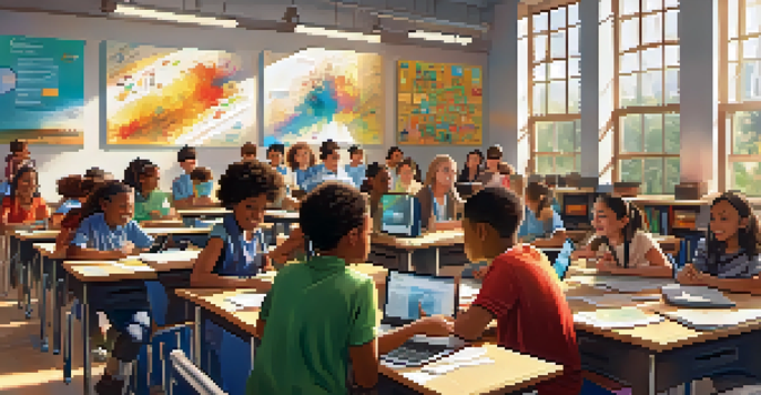 A diverse group of students in a bright classroom, using digital devices for personalized learning.