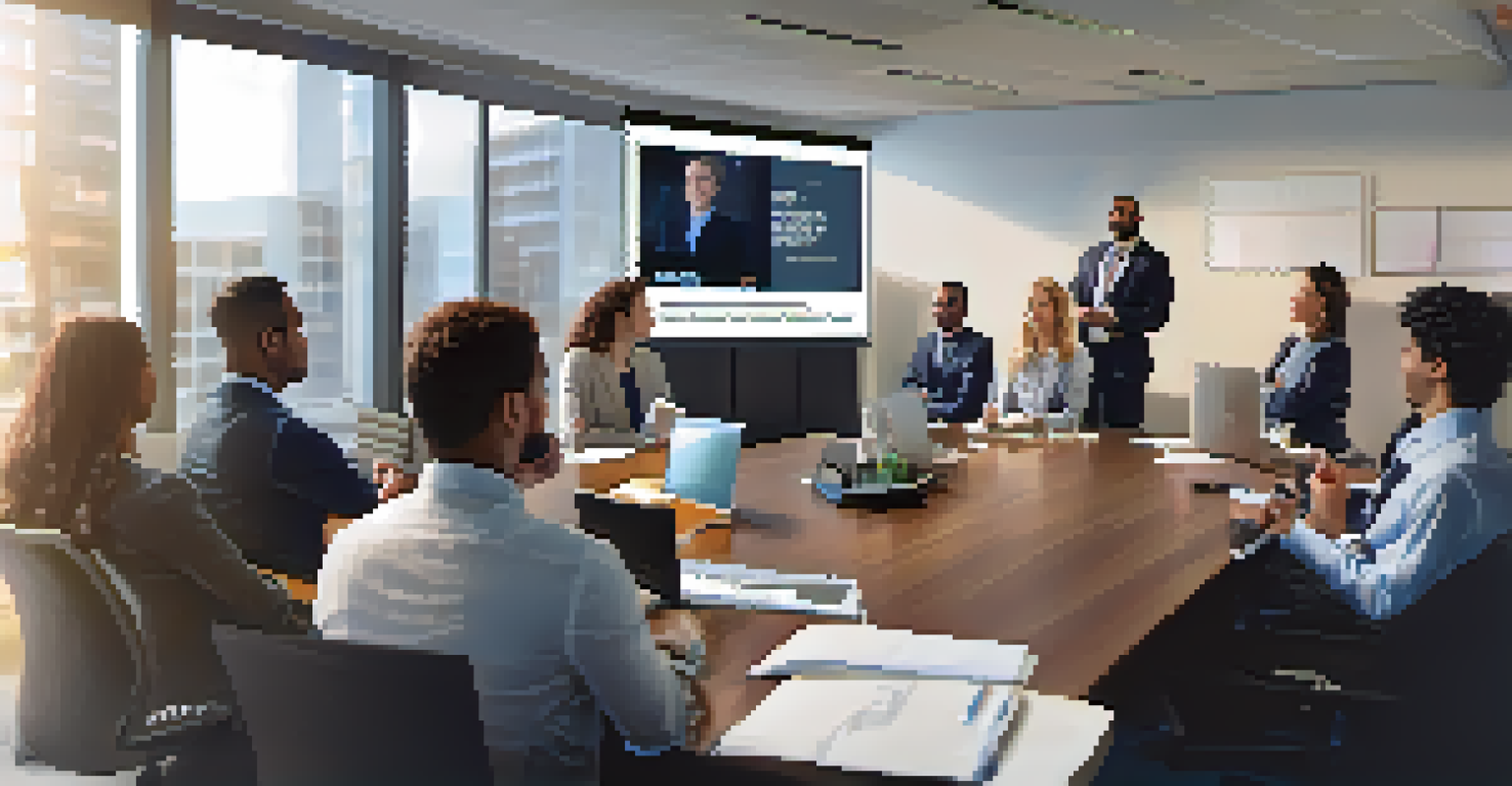 A virtual webinar with participants displayed on a screen, set in a modern office with inspirational decor.