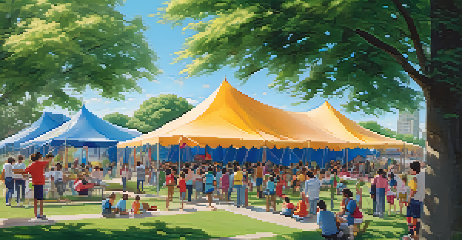 Families and children enjoying an outdoor school event with tents and activities, under a clear blue sky.