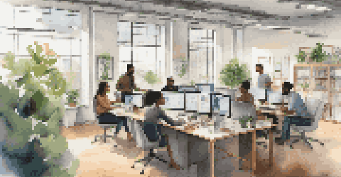 A diverse team of professionals working together in a modern office, collaborating using laptops and documents, with natural light coming through large windows.