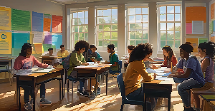 A bright and diverse classroom with students from different ethnicities collaborating on a project at a large table, surrounded by educational materials.