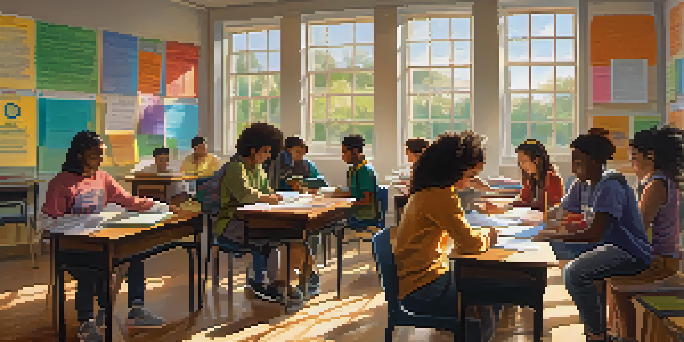 A bright and diverse classroom with students from different ethnicities collaborating on a project at a large table, surrounded by educational materials.