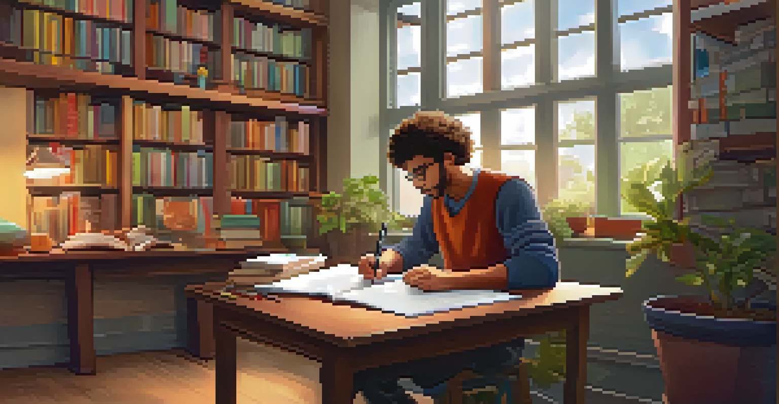 A teacher journaling in a cozy classroom corner, surrounded by books and soft lighting.