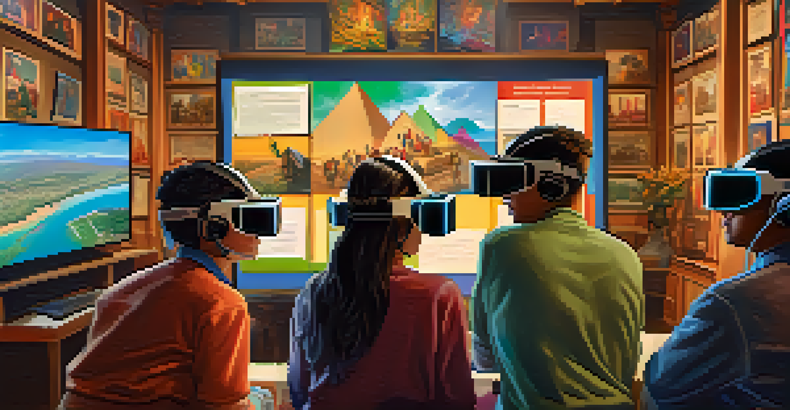 A diverse group of students wearing VR headsets, engaged in a virtual history lesson with a screen showing a historical event, colorful educational posters in the background.
