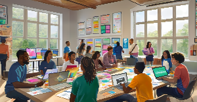 A diverse group of students discussing their Open Badges with laptops and certificates on a bright table.